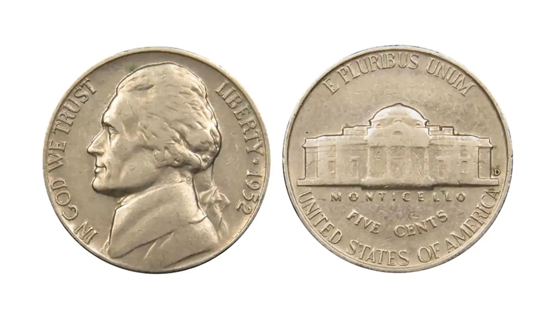 1952 Jefferson nickel obverse and reverse showing Felix Schlag's design and Monticello steps