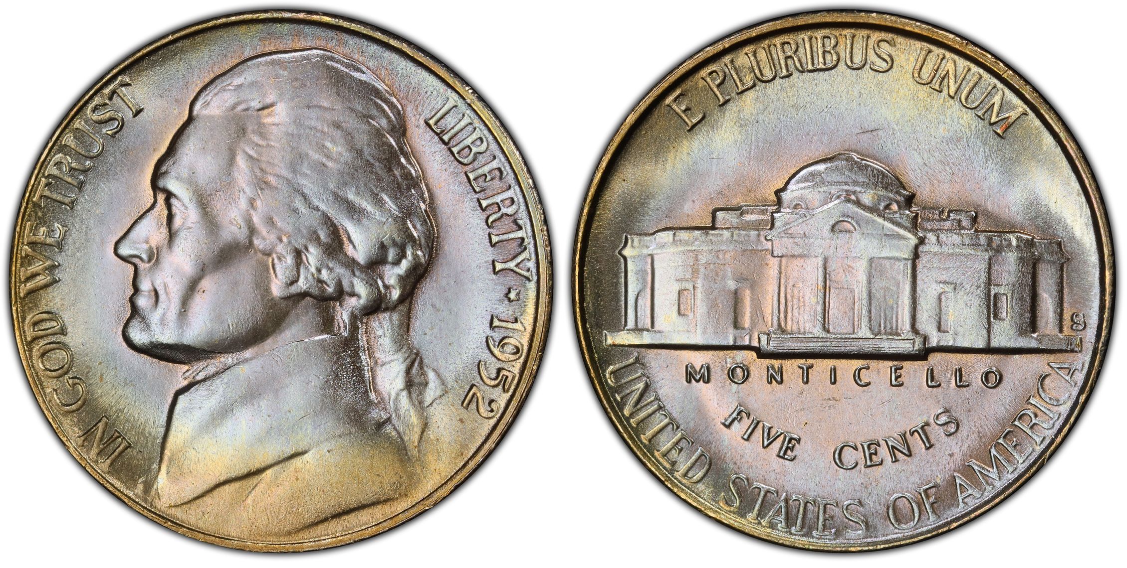 1952 Jefferson nickel reverse close-up showing Full Steps designation on Monticello's portico