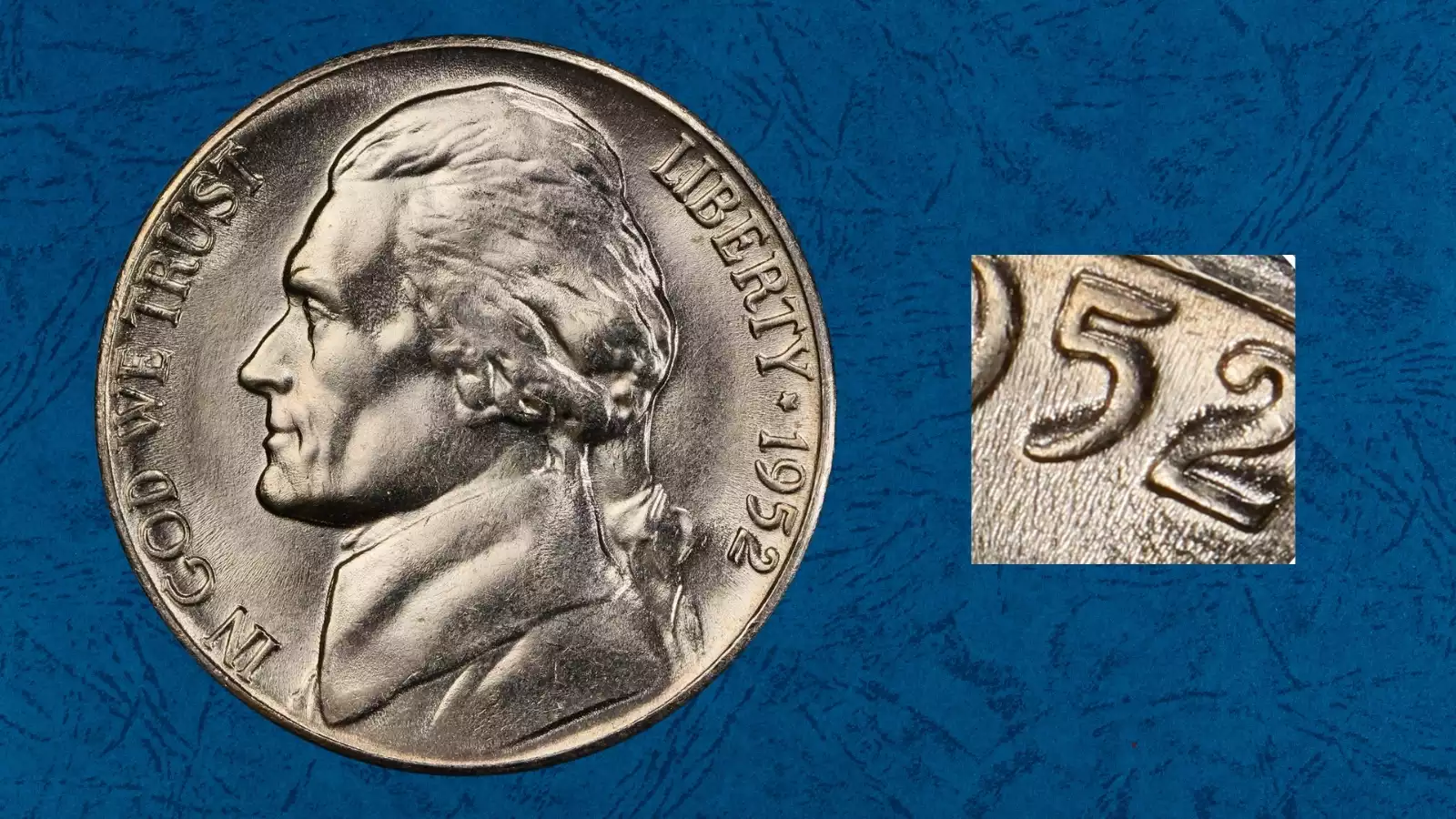 1952 nickel doubled die error showing doubling on Jefferson's portrait and obverse lettering