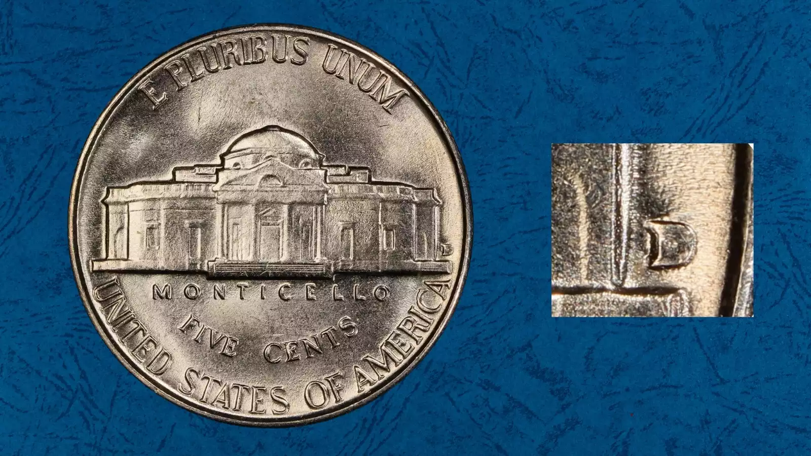1952-D nickel repunched mintmark error showing secondary D mintmark impression below the primary