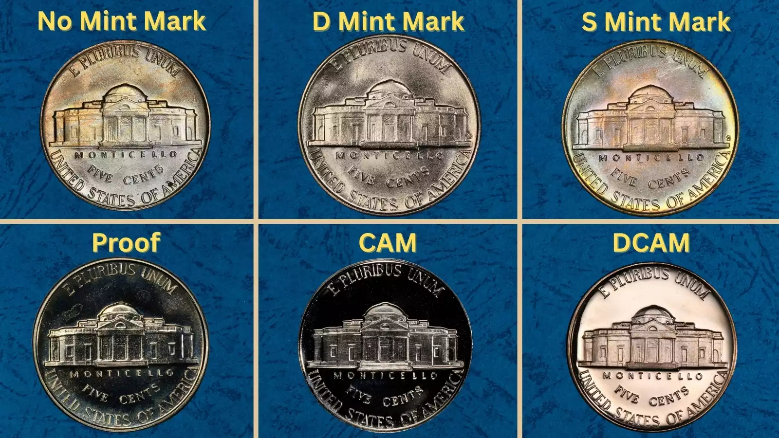 Group of 1952 Jefferson nickels from Philadelphia, Denver, and San Francisco mints showing all three mint mark varieties