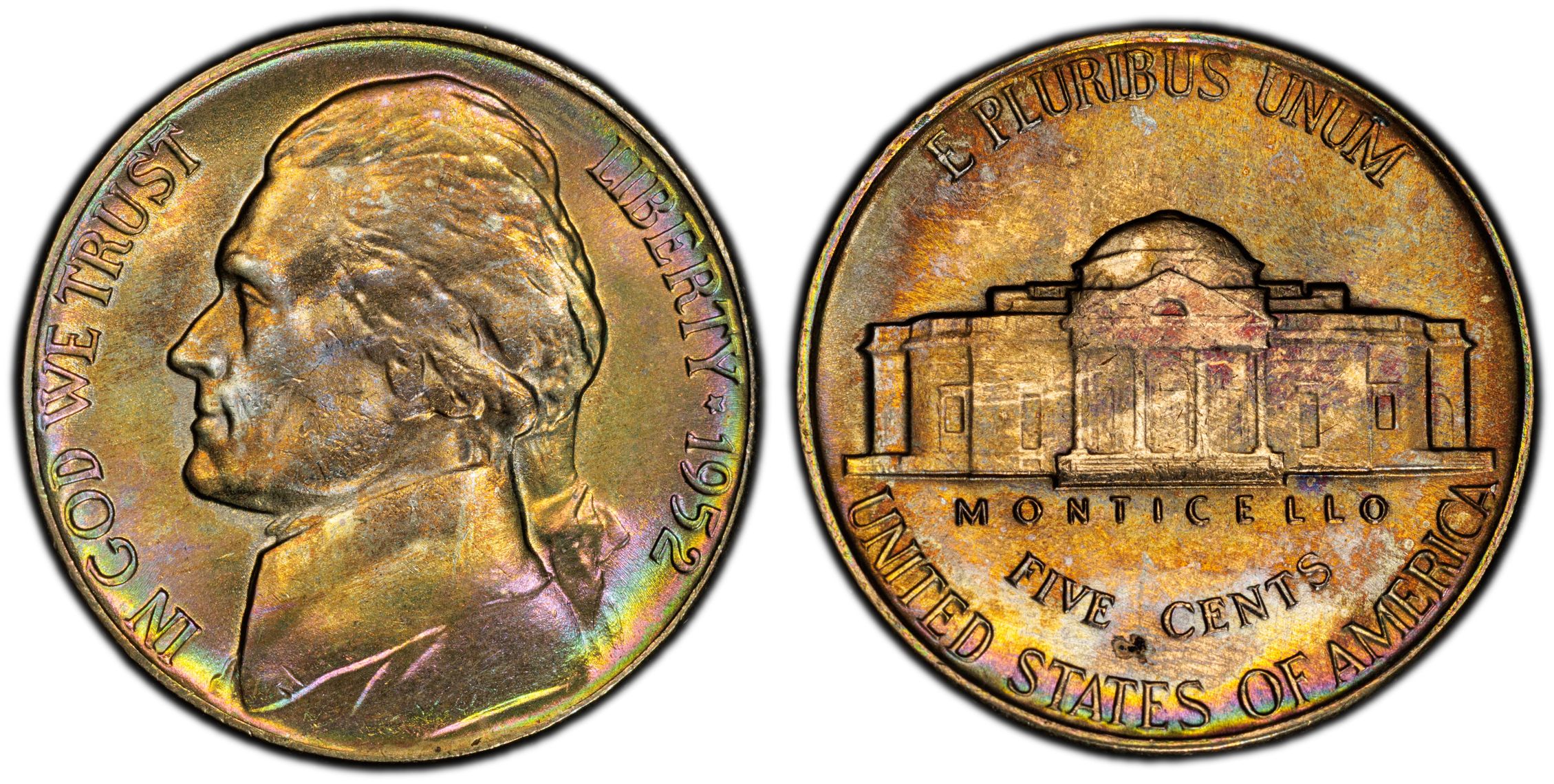 1952 Jefferson nickel grading strip showing four condition tiers from worn Good to Gem Uncirculated